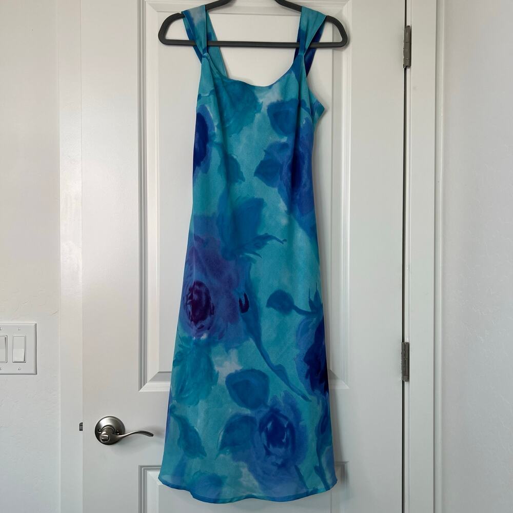 Megan Elisse Blue Watercolor Floral Slip Dress Sz 5‎ Y2K 90s Midi Made in USA - Picture 5 of 11